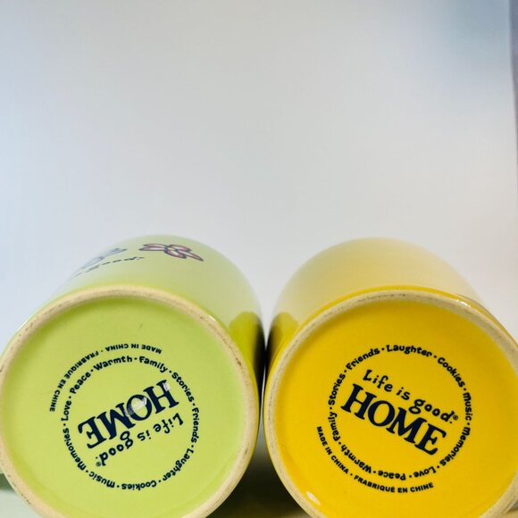 Life Is Good Ceramic Coffee Mug Set Of 2 Flower Design 12 Oz Yellow Green - Picture 5 of 5